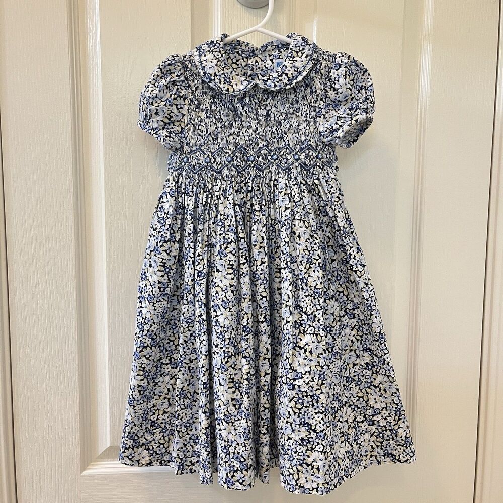Luli & Me Blue Floral Smocked Dress Peter Pan Collar Girls Size 3T